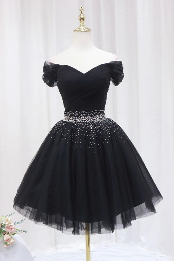 Wholesale Black Tulle Beaded Short Prom Dress Off Shoulder Evening Party Dress