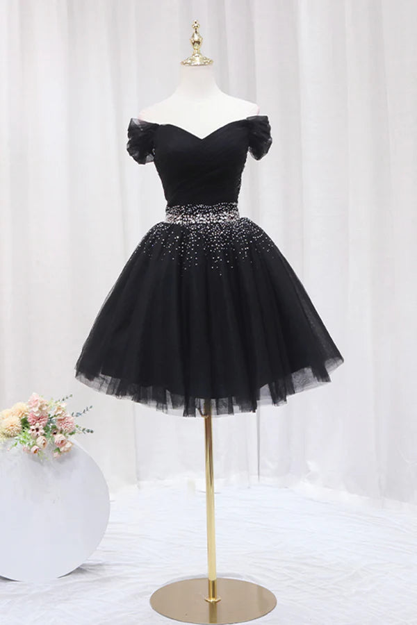 Wholesale Black Tulle Beaded Short Prom Dress Off Shoulder Evening Party Dress