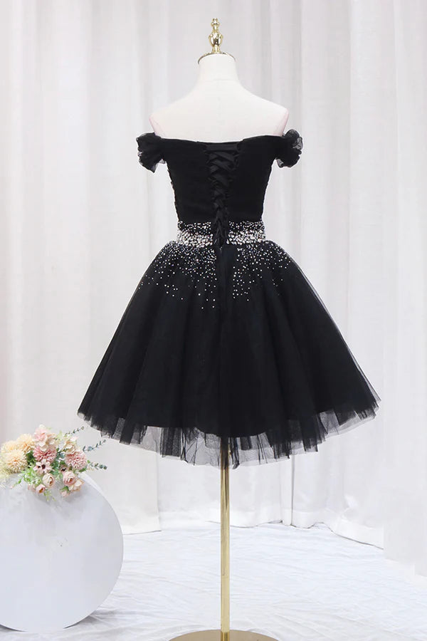 Wholesale Black Tulle Beaded Short Prom Dress Off Shoulder Evening Party Dress