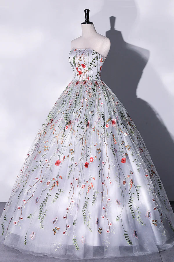 Wholesale Gray Strapless Floral Tulle Long Prom Dress Cute A-Line Evening Party Dress