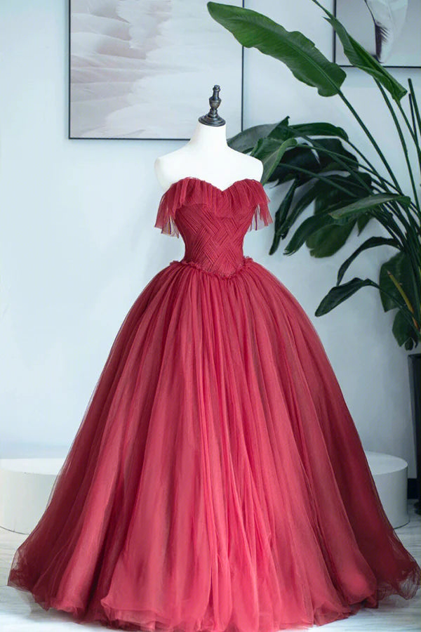Wholesale Burgundy Strapless Tulle Long Formal Dress Sweetheart Neckline Evening Dress