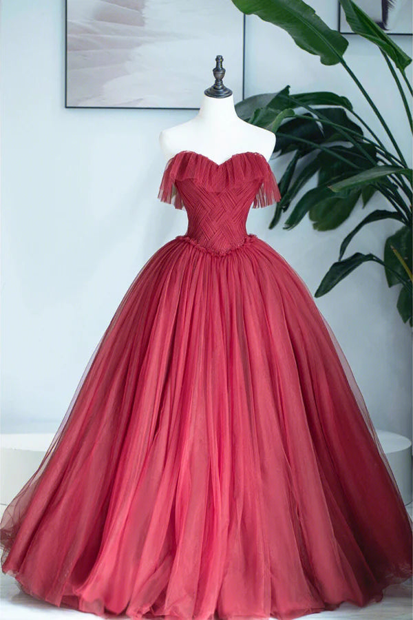 Wholesale Burgundy Strapless Tulle Long Formal Dress Sweetheart Neckline Evening Dress