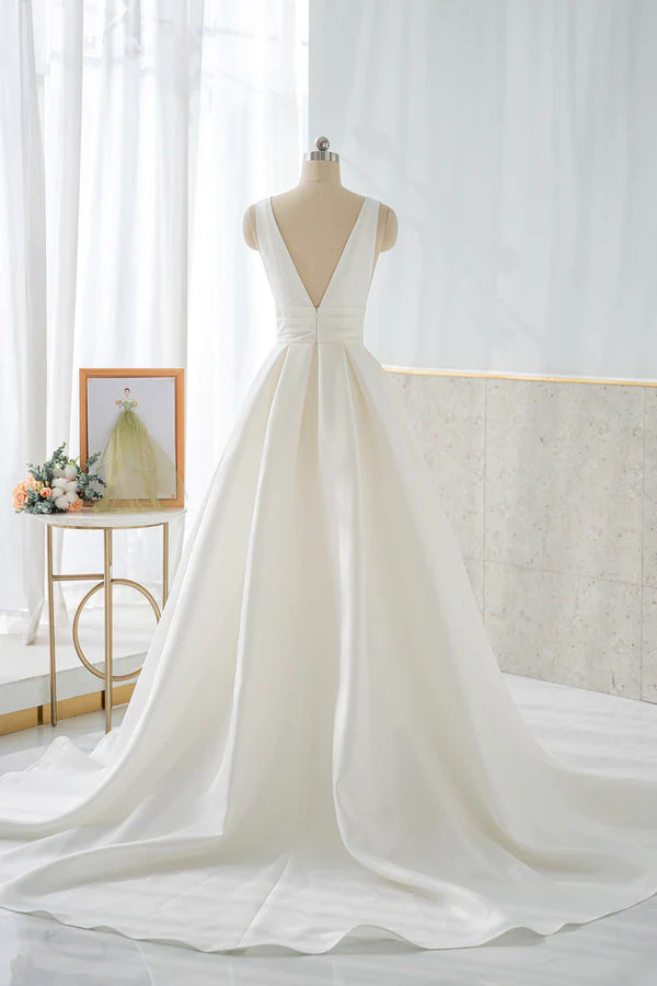 Wholesale White V-Neck Satin Long Prom Dress Simple A-Line Formal Dress
