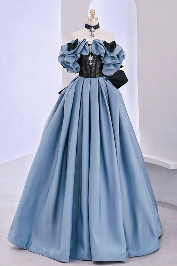 Wholesale Blue Satin Lace Long Prom Dress Off Shoulder Evening Party Dress