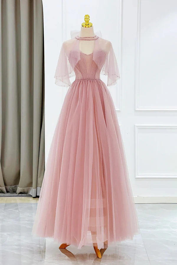 Wholesale Pink Tulle Beaded Long Prom Dress Lovely Pink Evening Dress