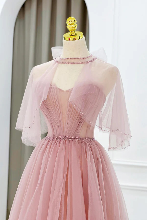 Wholesale Pink Tulle Beaded Long Prom Dress Lovely Pink Evening Dress