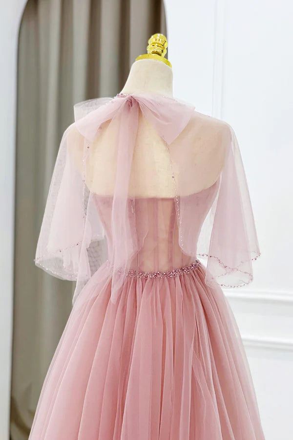 Wholesale Pink Tulle Beaded Long Prom Dress Lovely Pink Evening Dress