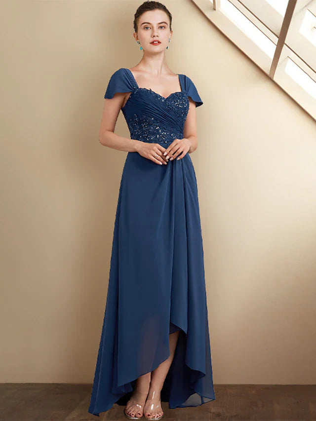 Wholesale A-Line Mother of the Bride Dress Elegant High Low Square Neck Asymmetrical Tea Length Chiffon Lace Cap Sleeve Wrap Included with Sequin Appliques Side-Draped