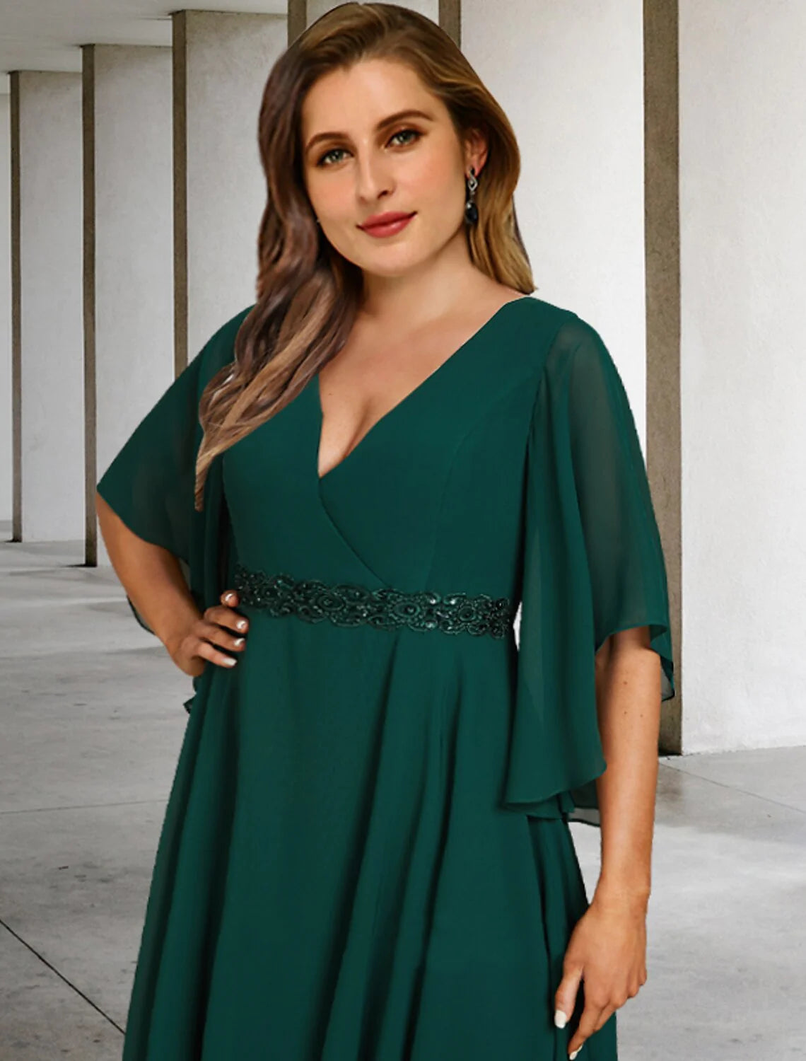 Wholesale A-Line Mother of the Bride Dresses Plus Size Hide Belly Curve Elegant Dress Formal Sweep / Brush Train Half Sleeve V Neck Chiffon with Ruffles Strappy