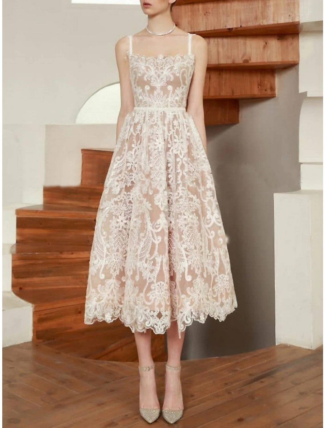 Wholesale Casual Wedding Dresses A-Line Camisole Sleeveless Tea Length Lace Bridal Gowns With Pleats