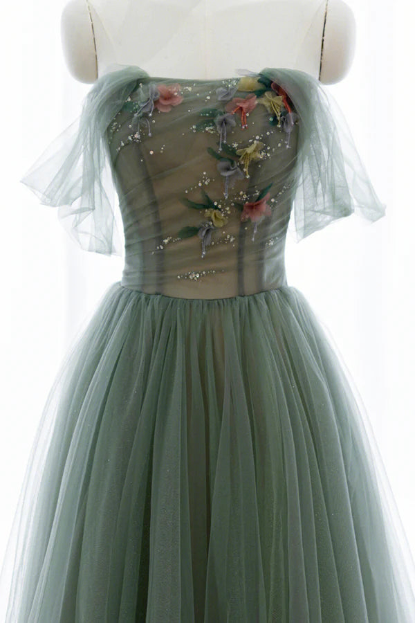 Wholesale Gray Green Tulle Beaded Long Prom Dress Beautiful A-Line Evening Dress