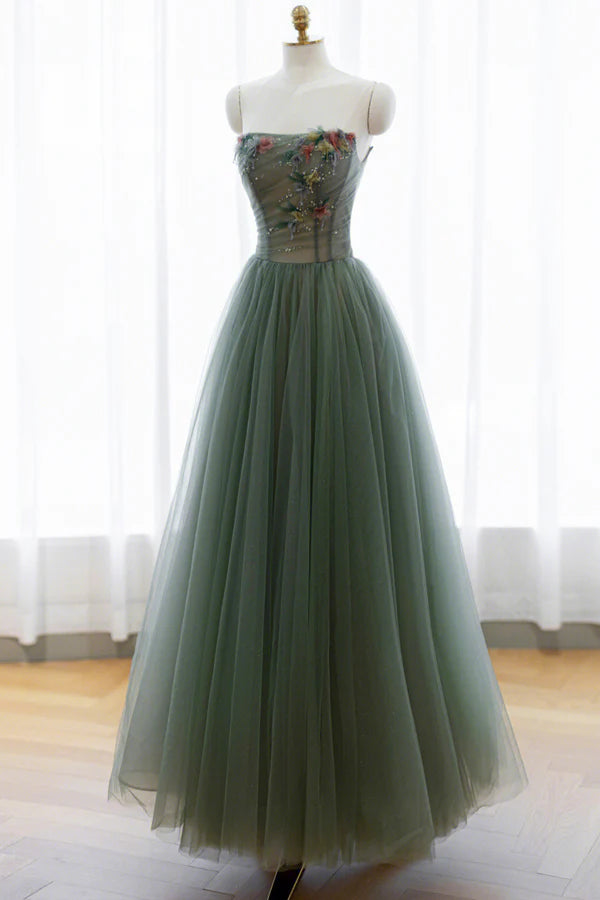 Wholesale Gray Green Tulle Beaded Long Prom Dress Beautiful A-Line Evening Dress