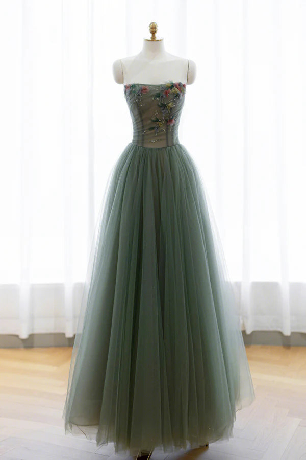 Wholesale Gray Green Tulle Beaded Long Prom Dress Beautiful A-Line Evening Dress