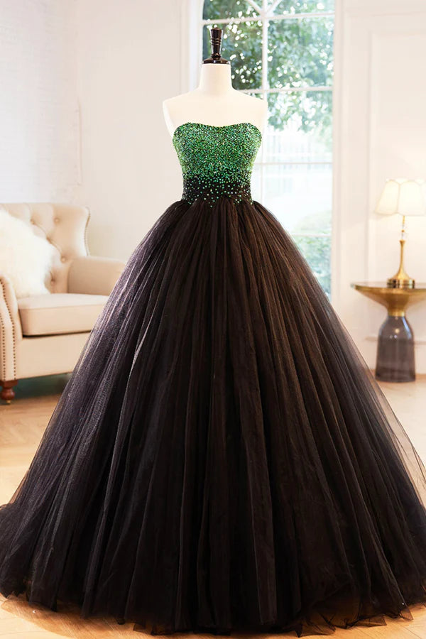 Wholesale Black Tulle Long Formal Dress with Green Beaded Black Strapless Prom Dress