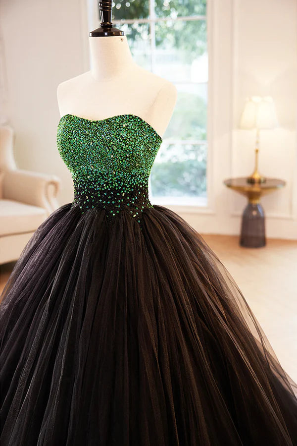 Wholesale Black Tulle Long Formal Dress with Green Beaded Black Strapless Prom Dress