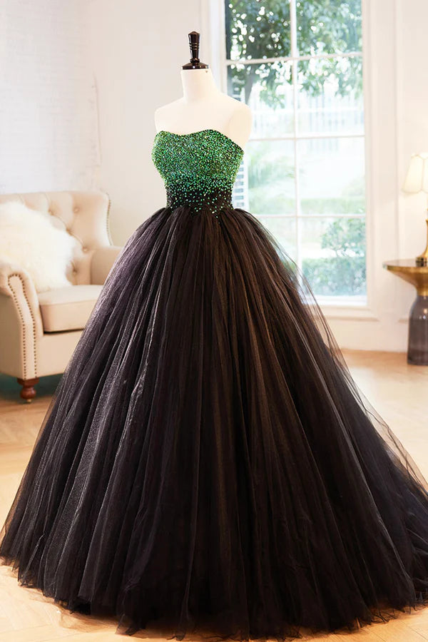Wholesale Black Tulle Long Formal Dress with Green Beaded Black Strapless Prom Dress