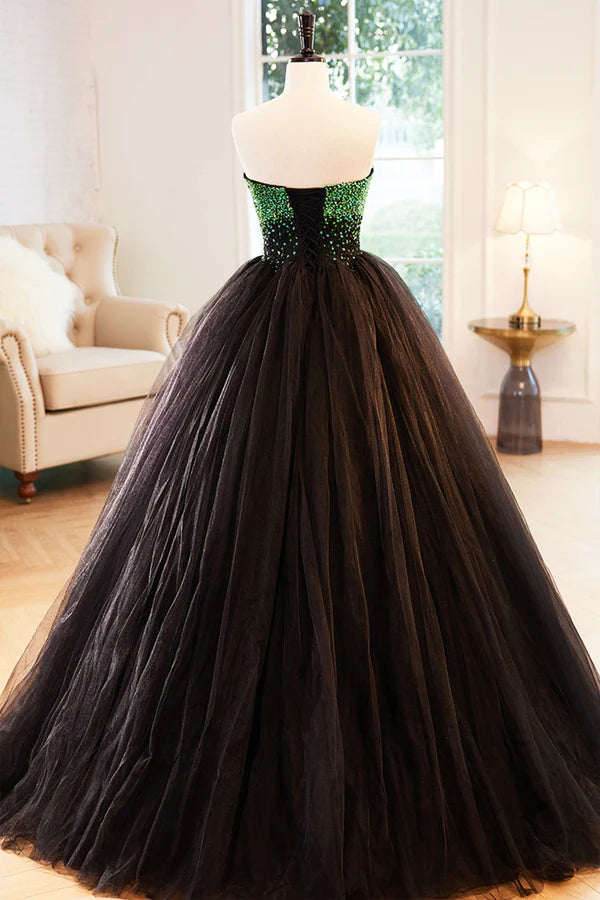 Wholesale Black Tulle Long Formal Dress with Green Beaded Black Strapless Prom Dress