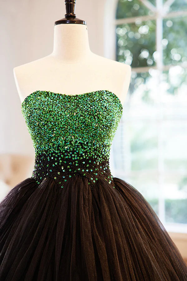 Wholesale Black Tulle Long Formal Dress with Green Beaded Black Strapless Prom Dress