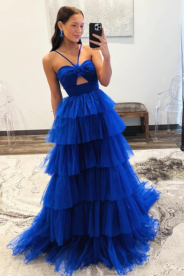 Wholesale Blue Tulle Layers Long Prom Dress Beautiful A-Line Backless Evening Party Dress