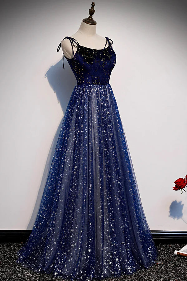 Wholesale Blue Velvet Tulle Long Prom Dress Beautiful A-Line Evening Party Dress