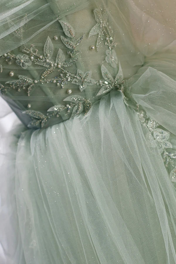 Wholesale Green Sweetheart Beaded Tulle Long Prom Dress Green Evening Dress