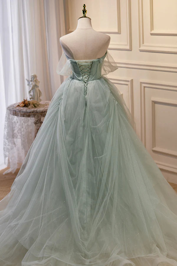Wholesale Green Sweetheart Beaded Tulle Long Prom Dress Green Evening Dress