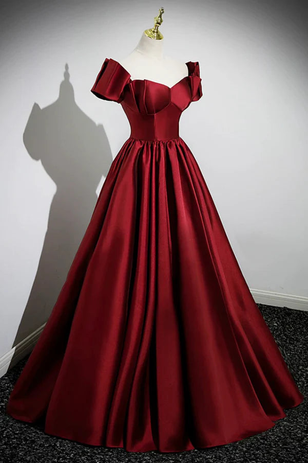 Wholesale A-Line Burgundy Satin Floor Length Prom Dress Off the Shoulder New Party Dress
