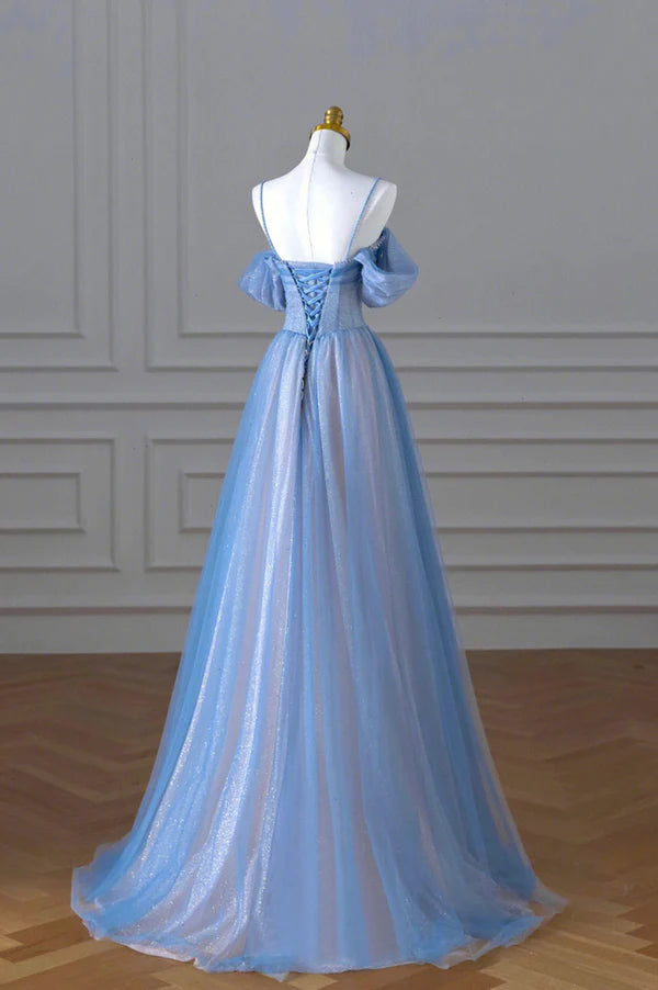 Wholesale Blue Spaghetti Strap Tulle Long Prom Dress Beautiful A-Line Evening Dress