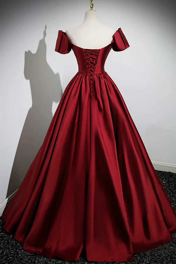 Wholesale A-Line Burgundy Satin Floor Length Prom Dress Off the Shoulder New Party Dress