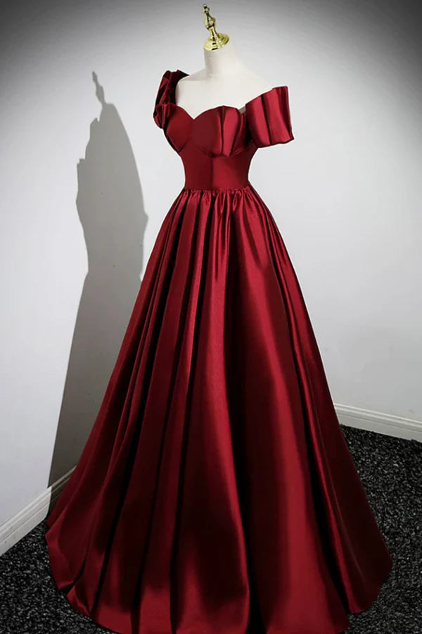 Wholesale A-Line Burgundy Satin Floor Length Prom Dress Off the Shoulder New Party Dress