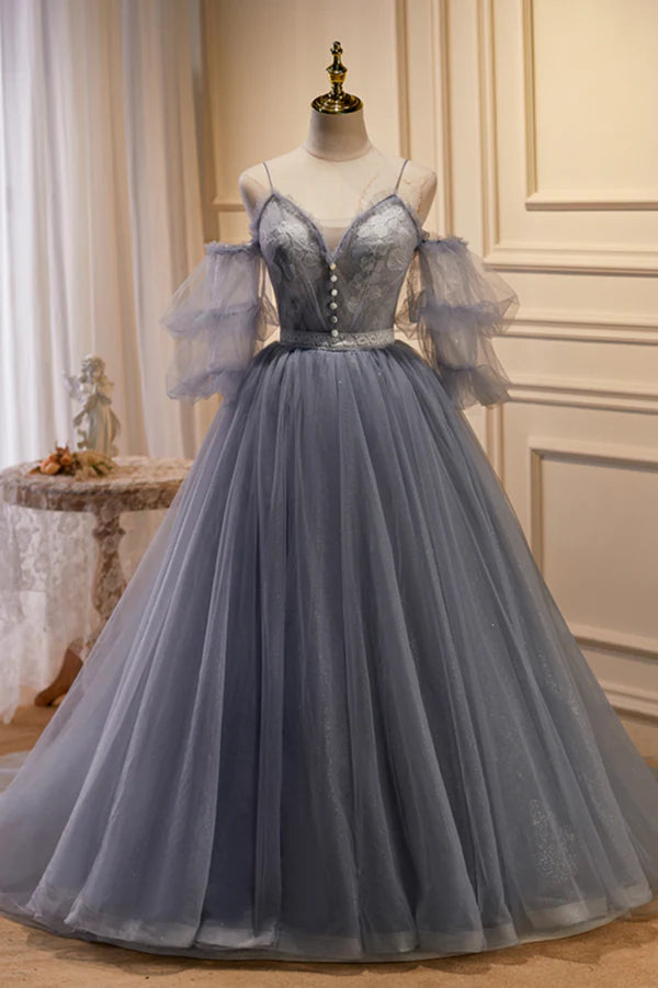 Wholesale Gray Spaghetti Strap Lace Long Prom Dress Off the Shoulder Evening Party Dress