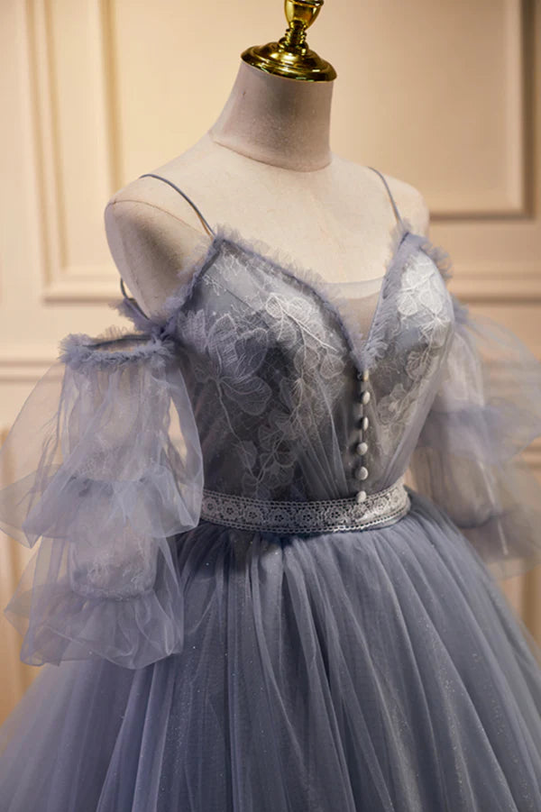 Wholesale Gray Spaghetti Strap Lace Long Prom Dress Off the Shoulder Evening Party Dress