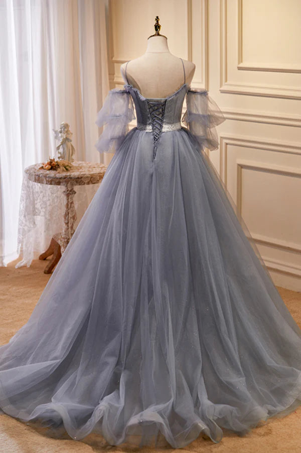 Wholesale Gray Spaghetti Strap Lace Long Prom Dress Off the Shoulder Evening Party Dress