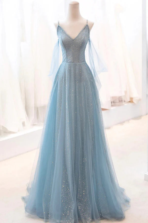 Wholesale Dusty Blue Sparkly Tulle Long Prom Dress A-Line Spaghetti Strap Evening Dress