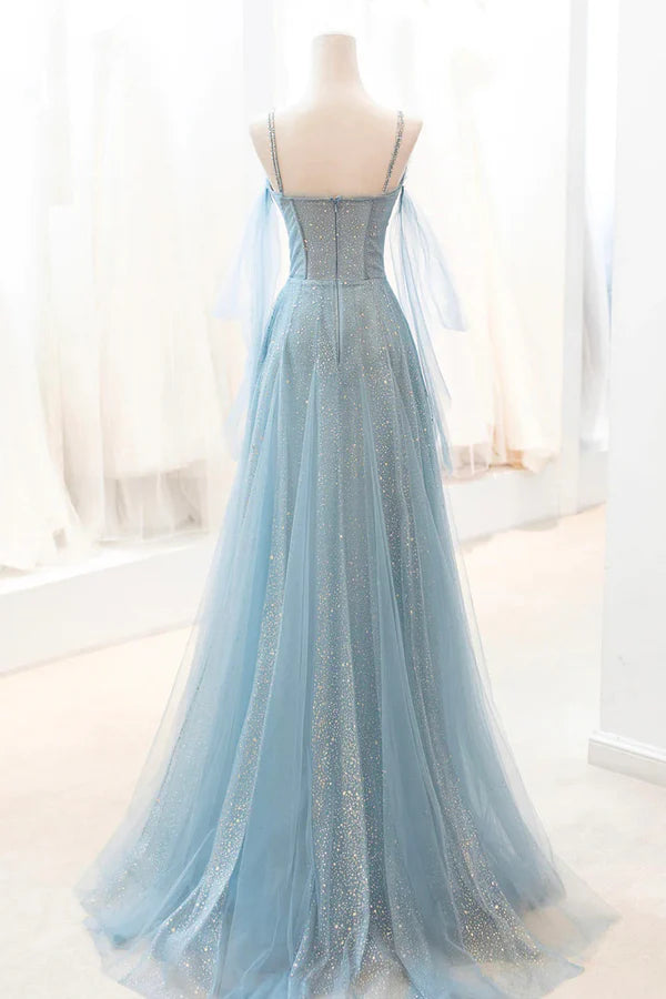 Wholesale Dusty Blue Sparkly Tulle Long Prom Dress A-Line Spaghetti Strap Evening Dress