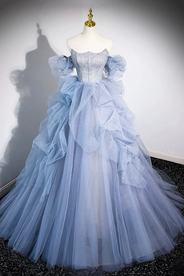 Wholesale Blue Cascading Ruffles Long Prom Dresses A-Line Strapless Short Sleeve Sweep Train Evening Dress