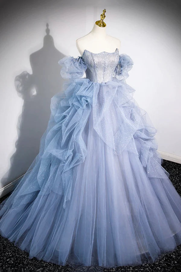 Wholesale Blue Cascading Ruffles Long Prom Dresses A-Line Strapless Short Sleeve Sweep Train Evening Dress