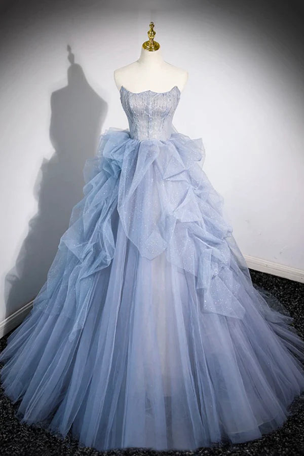 Wholesale Blue Cascading Ruffles Long Prom Dresses A-Line Strapless Short Sleeve Sweep Train Evening Dress