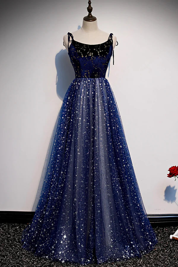 Wholesale Blue Velvet Tulle Long Prom Dress Beautiful A-Line Evening Party Dress