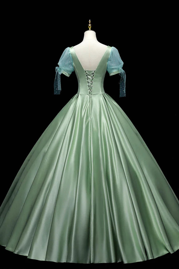 Wholesale Green Satin Long A-Line Ball Gown Short Sleeve Green Formal Evening Dress