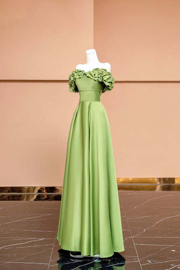 Wholesale Green Satin Floor Length Prom Dress Off the Shoulder Evening Party Dress