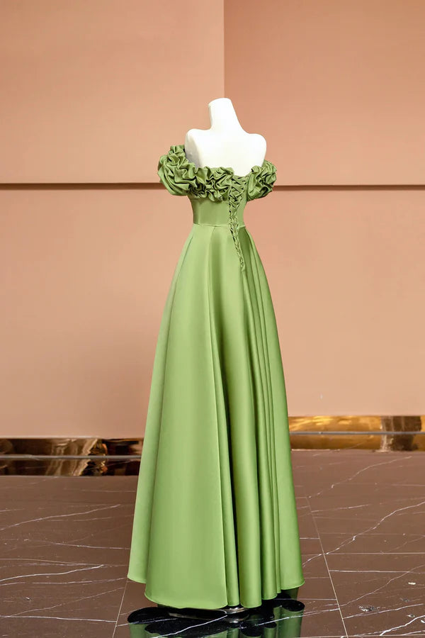 Wholesale Green Satin Floor Length Prom Dress Off the Shoulder Evening Party Dress