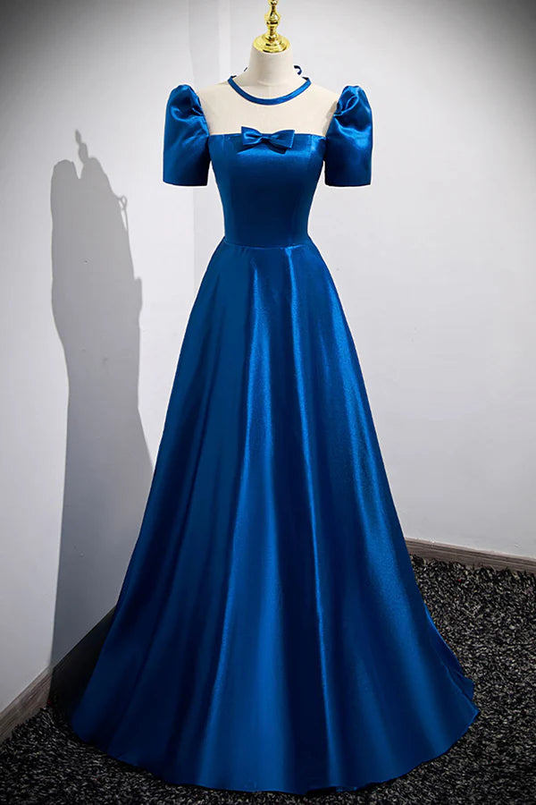 Wholesale Blue Satin Long A-Line Prom Dress Simple Blue Short Sleeve Evening Dress
