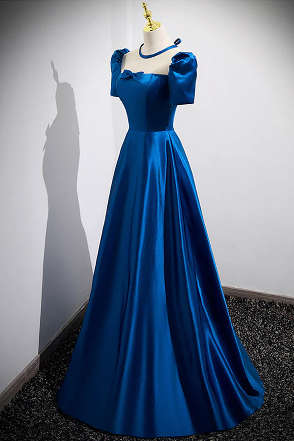 Wholesale Blue Satin Long A-Line Prom Dress Simple Blue Short Sleeve Evening Dress
