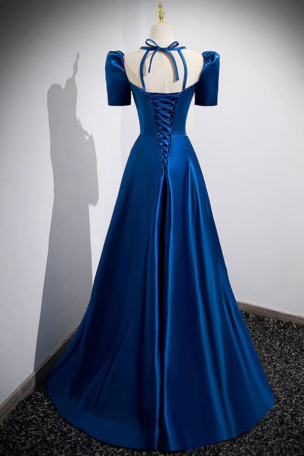Wholesale Blue Satin Long A-Line Prom Dress Simple Blue Short Sleeve Evening Dress