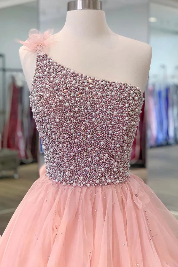 Wholesale Pink One Shoulder Beaded Prom Dress Pink Tulle Layers Evening Gown