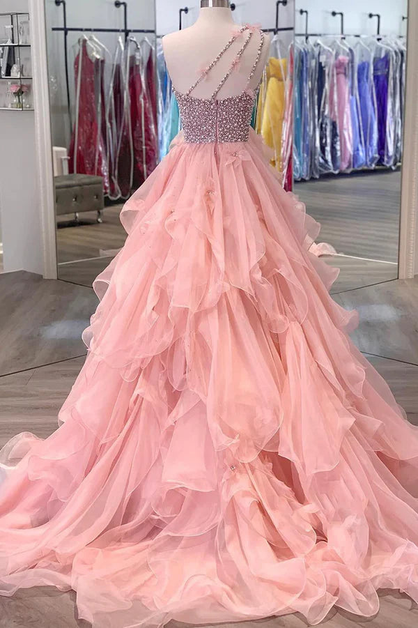 Wholesale Pink One Shoulder Beaded Prom Dress Pink Tulle Layers Evening Gown