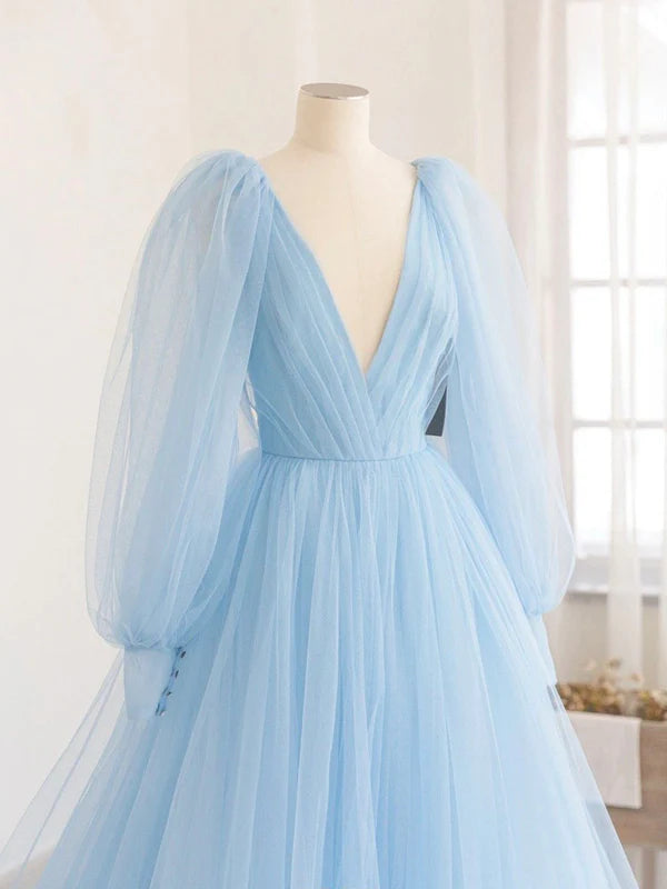 Wholesale Blue V-Neck Tulle Long Prom Dress A-Line Long Sleeve Evening Dress