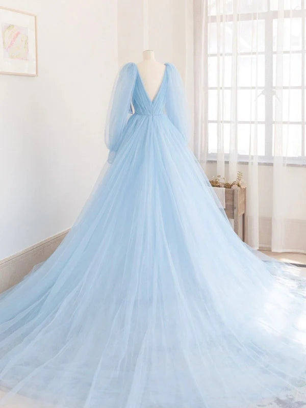 Wholesale Blue V-Neck Tulle Long Prom Dress A-Line Long Sleeve Evening Dress
