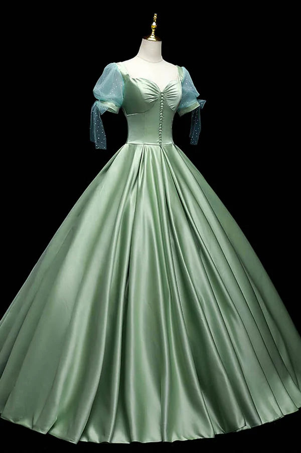 Wholesale Green Satin Long A-Line Ball Gown Short Sleeve Green Formal Evening Dress